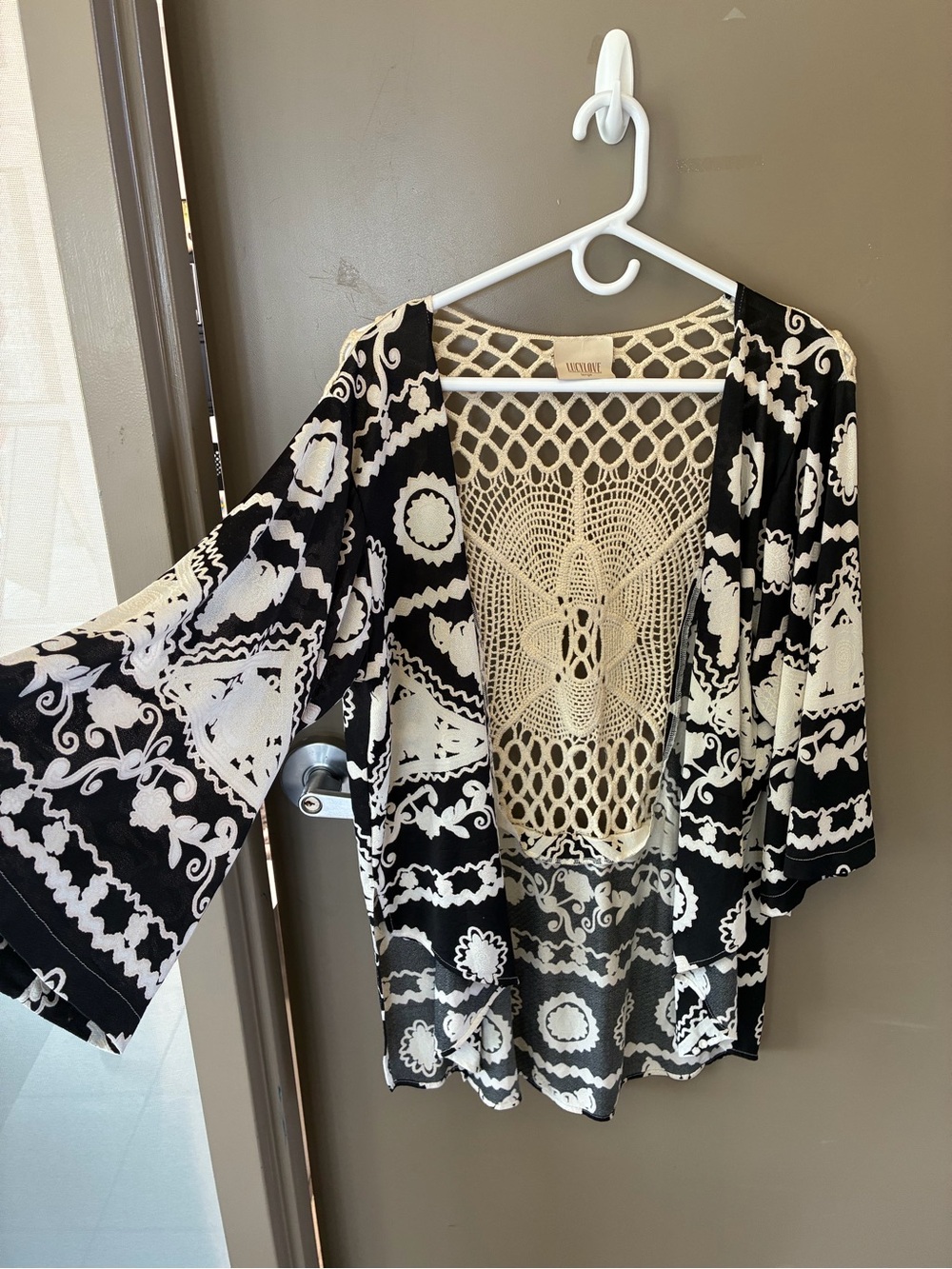 Lucy Love Black & Cream Crochet-Back Kimono